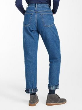 L.L. BEAN Blue Double L Plaid Flannel Lined Relaxed Fit High Rise Jeans 10P NWT